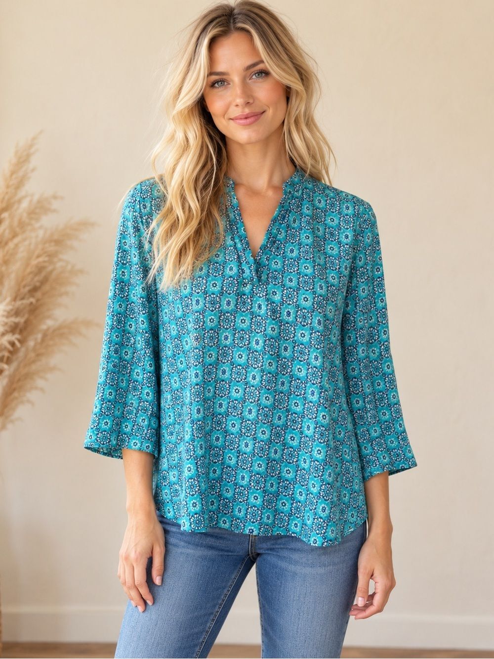 Pink Rose Teal Patterned Split V-Neck Boho Chic Tunic